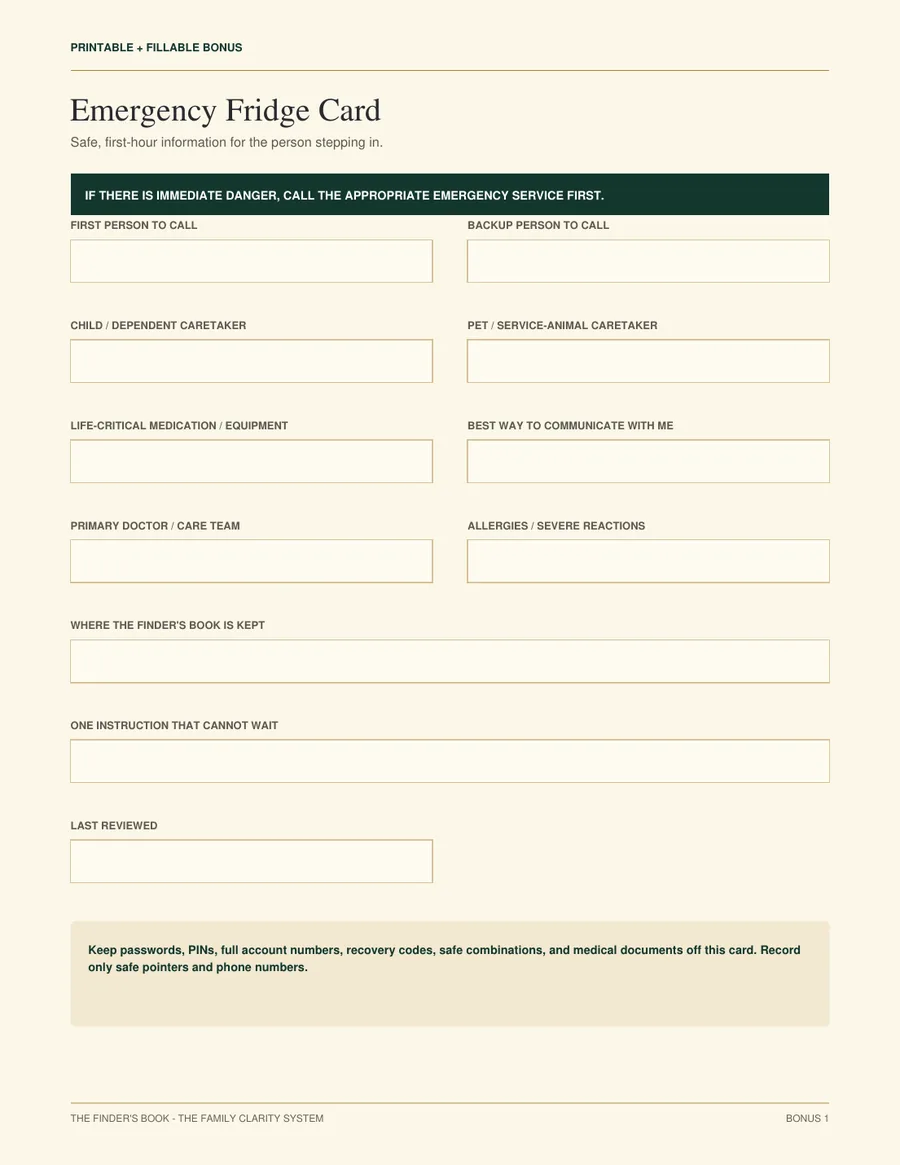 Emergency Fridge Card bonus, a printable one-page card of first-hour information.
