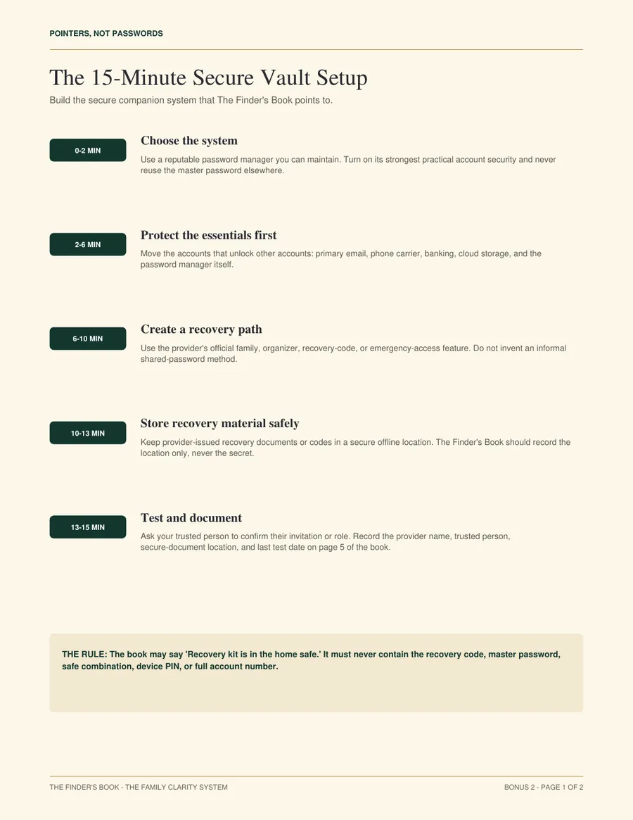15-Minute Secure Vault Setup Guide bonus for building a password manager the book points to.