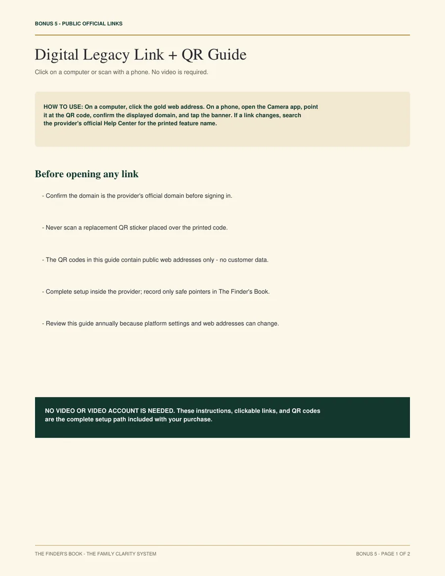 Digital Legacy Link and QR Guide bonus with official provider links and QR codes.