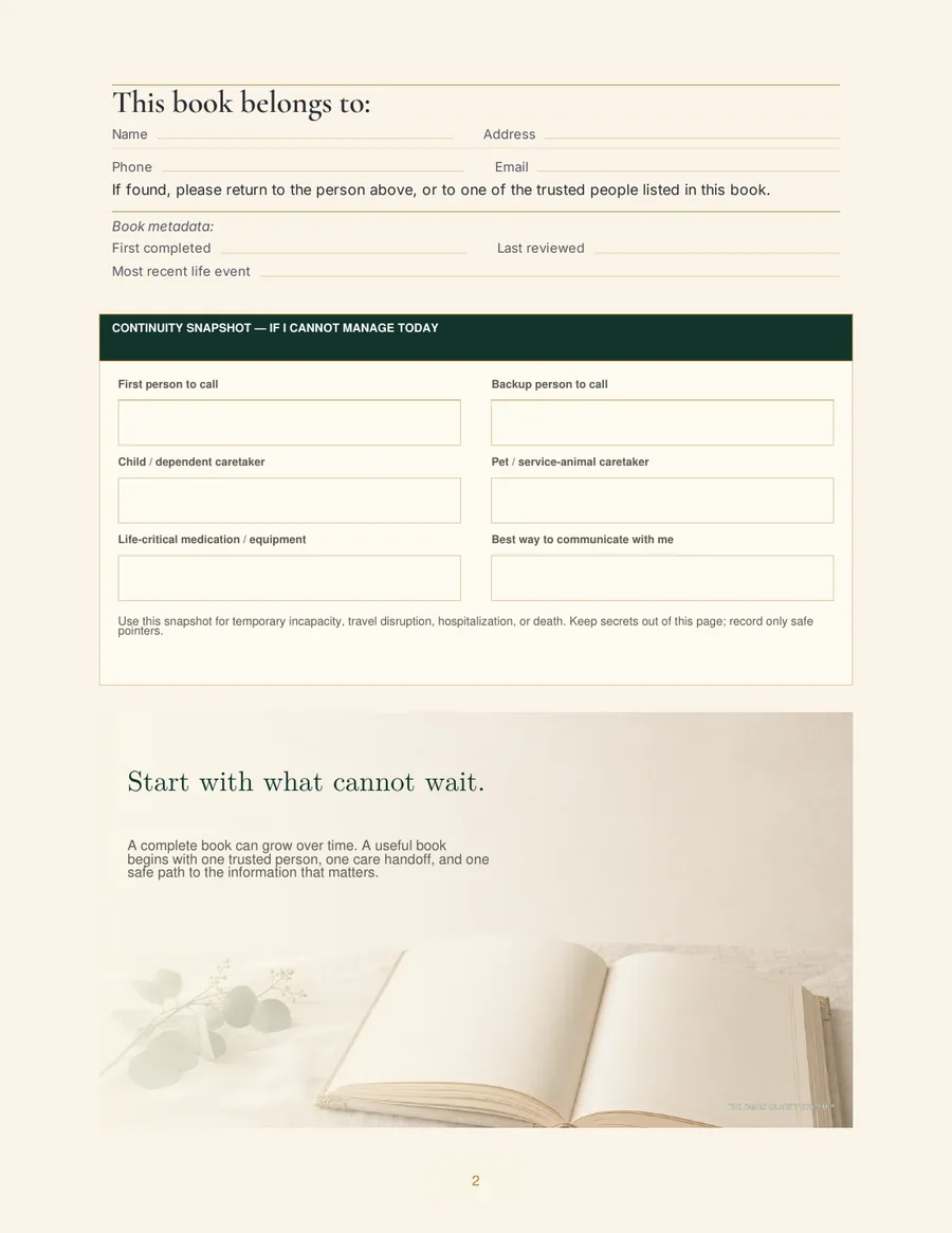 Continuity Snapshot page listing first person to call, backup, dependent caretaker and pet caretaker.
