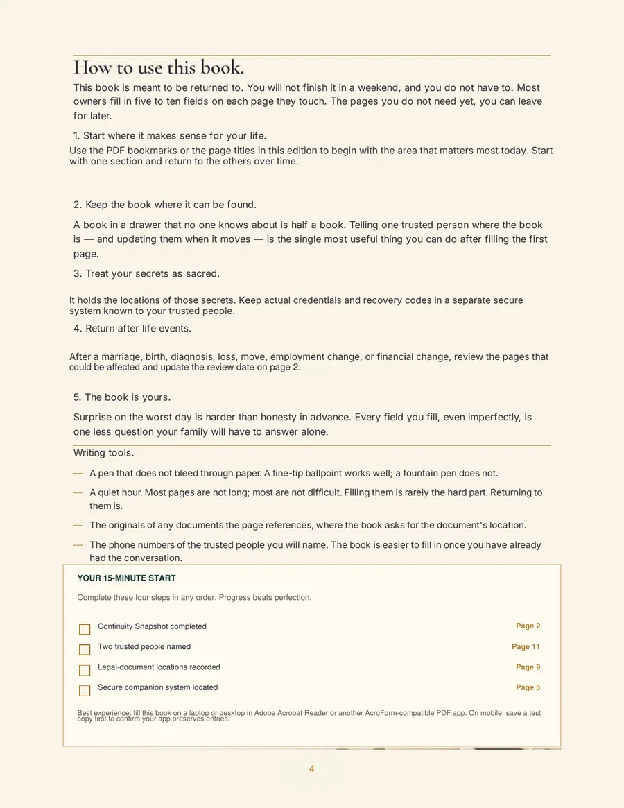 Instructions page describing how to use and return to the book over time.