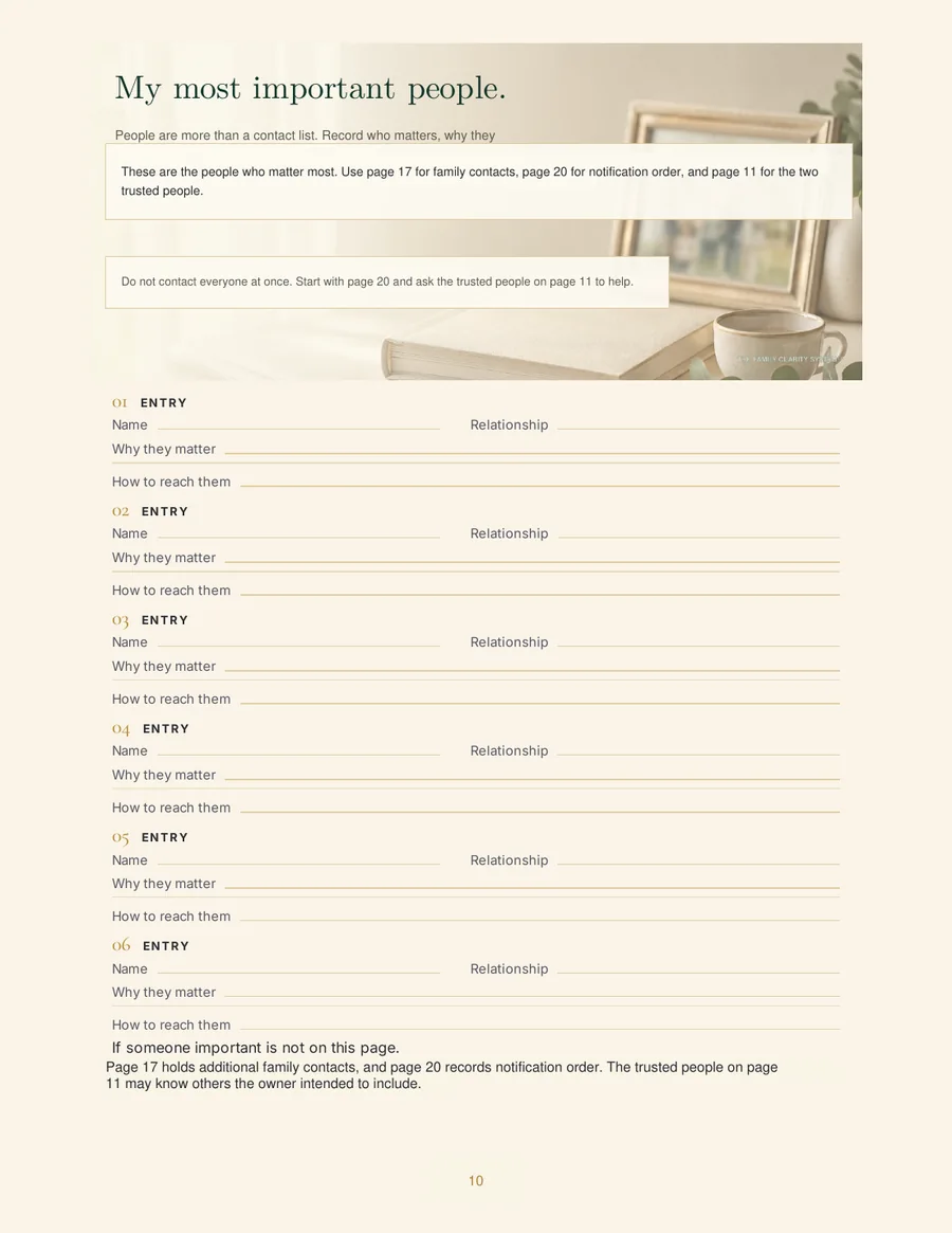 Page listing the most important people to notify and how to reach them.