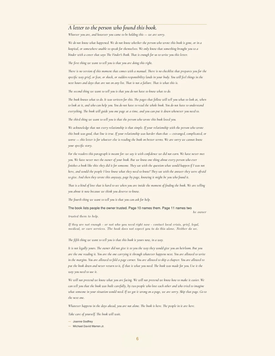 A written letter addressed to whoever finds the book, explaining what to do first.