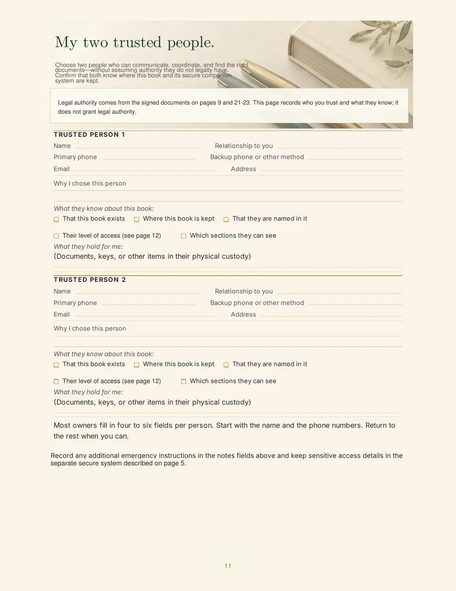 Page for naming two trusted people with their contact details and roles.