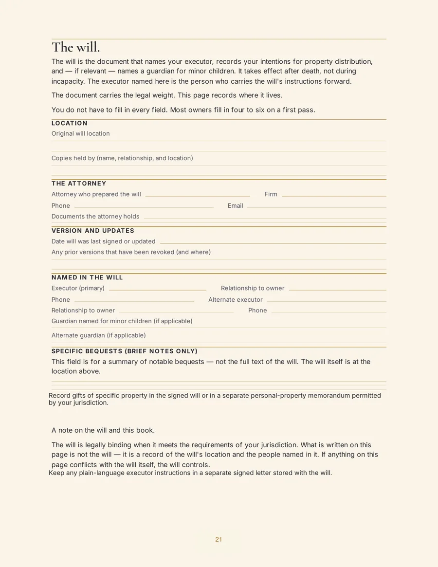 Will locator page recording the executor, where the original is stored, and the attorney.